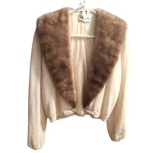 vintage 1950s Dalton cream cashmere cardigan real‎ mink fur collar Lace Lining